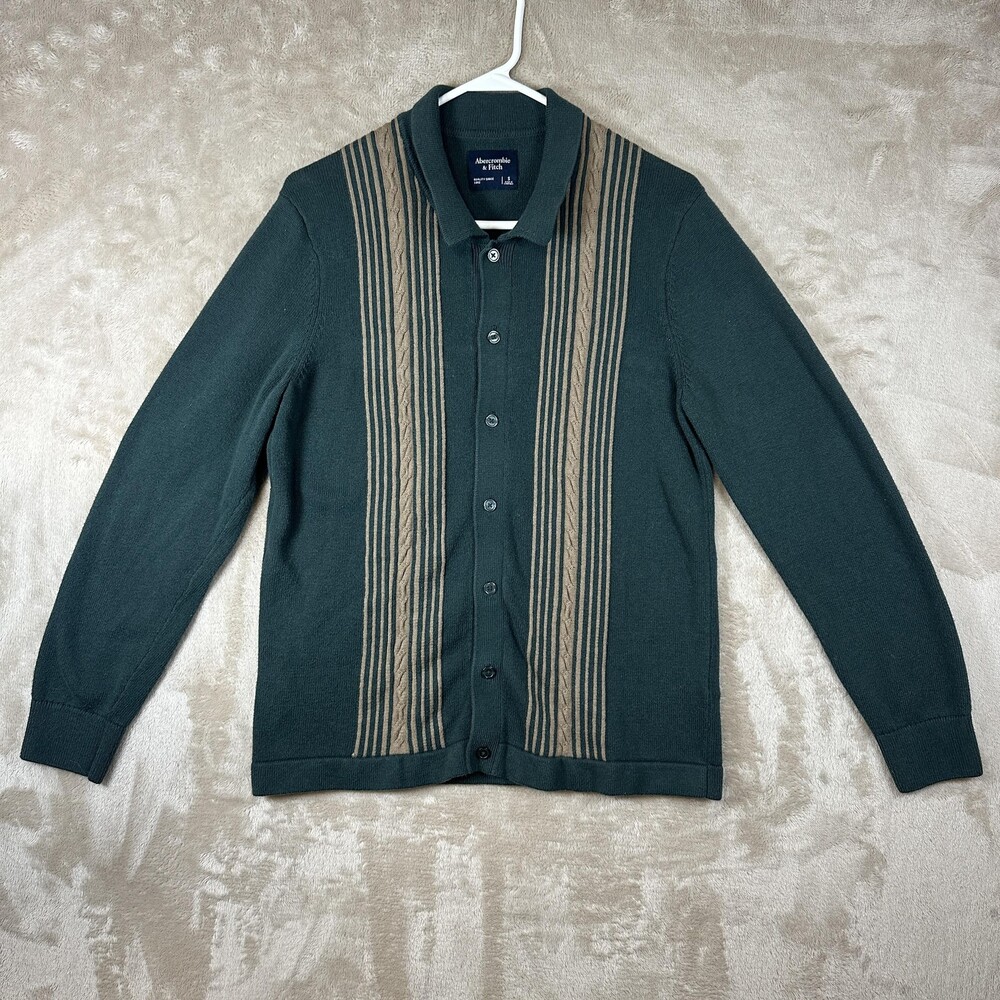 Abercrombie & Fitch Sweater Mens Small Green Striped Collared Button Up Cardigan